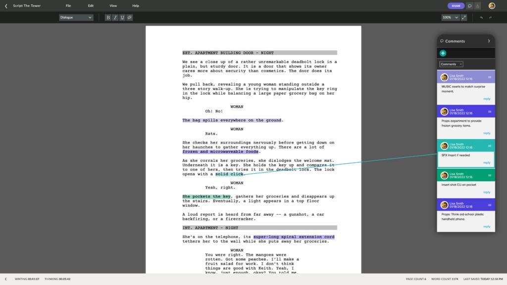 Celtx script editor, showing a populated script and script comments.