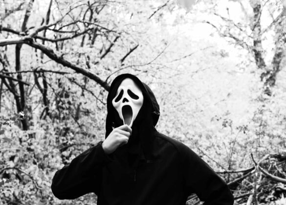person wearing a black robe and scream mask