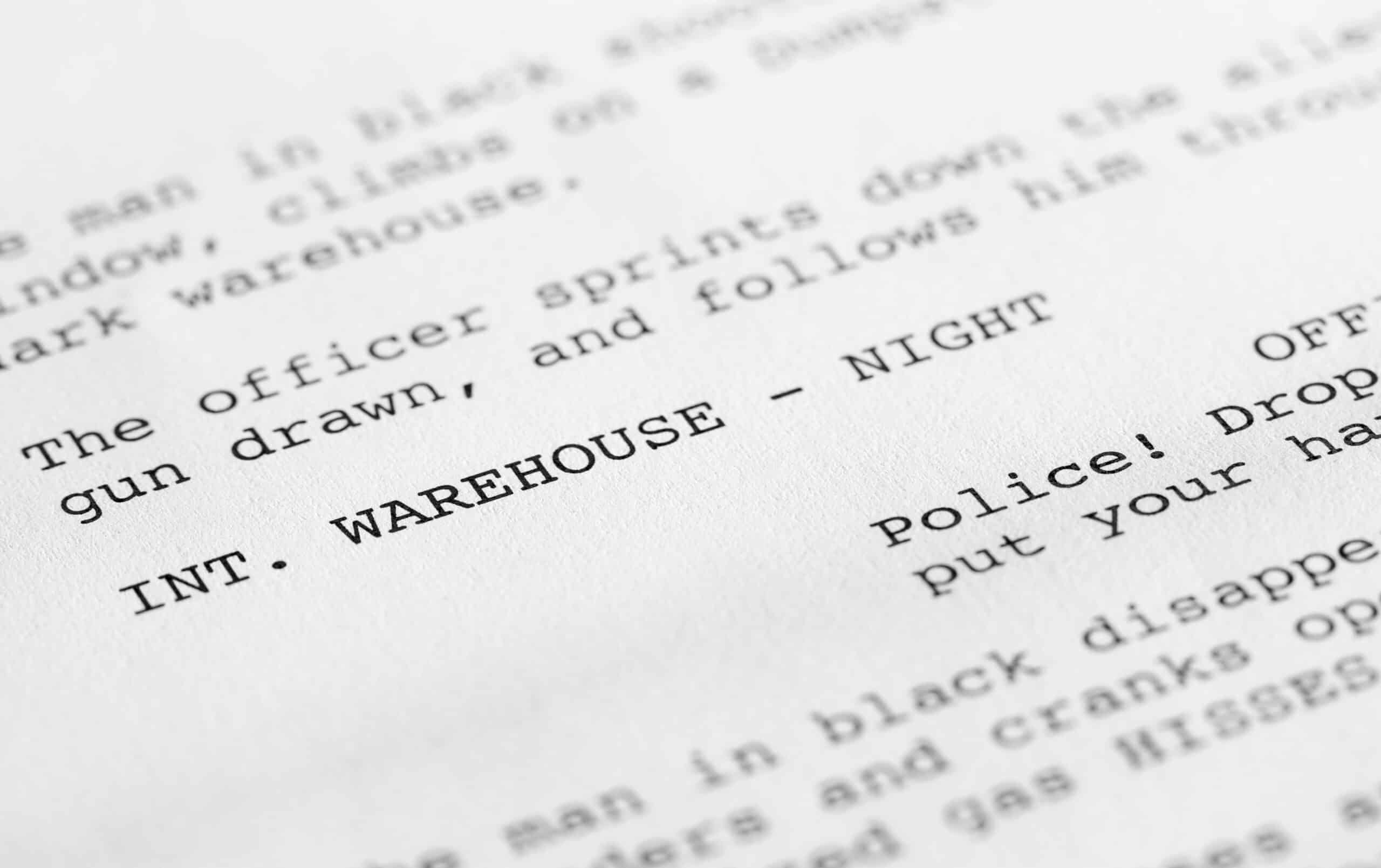 Close-up of a page from a screenplay or script in proper Hollywood format