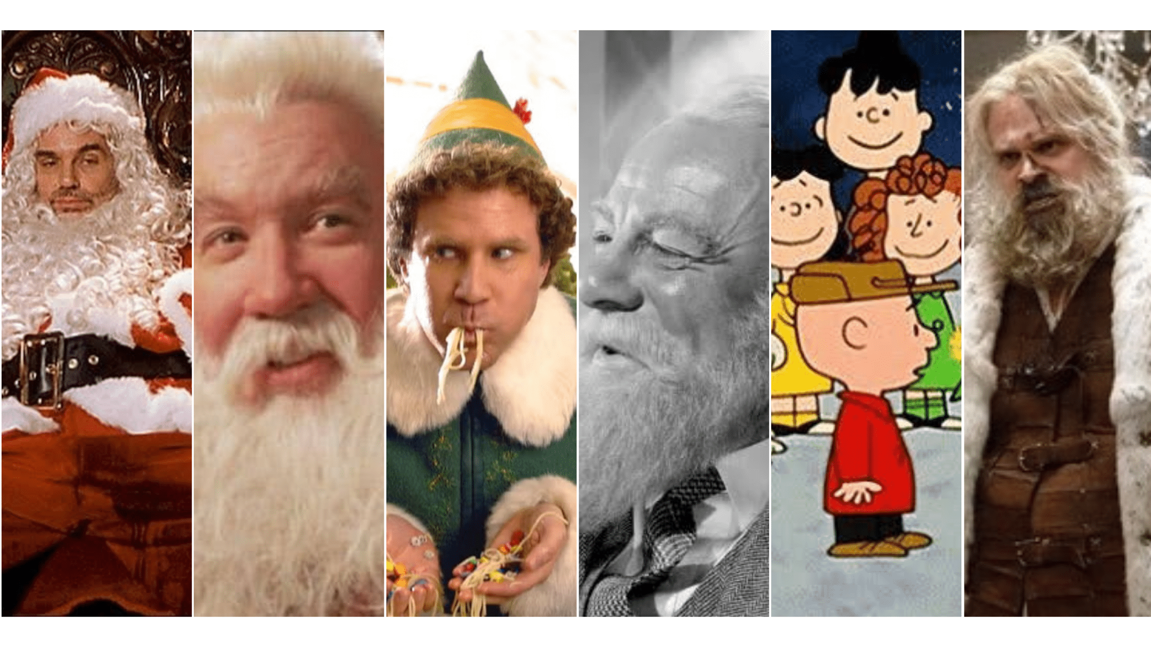 A collection of stills from classic Christmas movies, from Bad Santa to Elf.